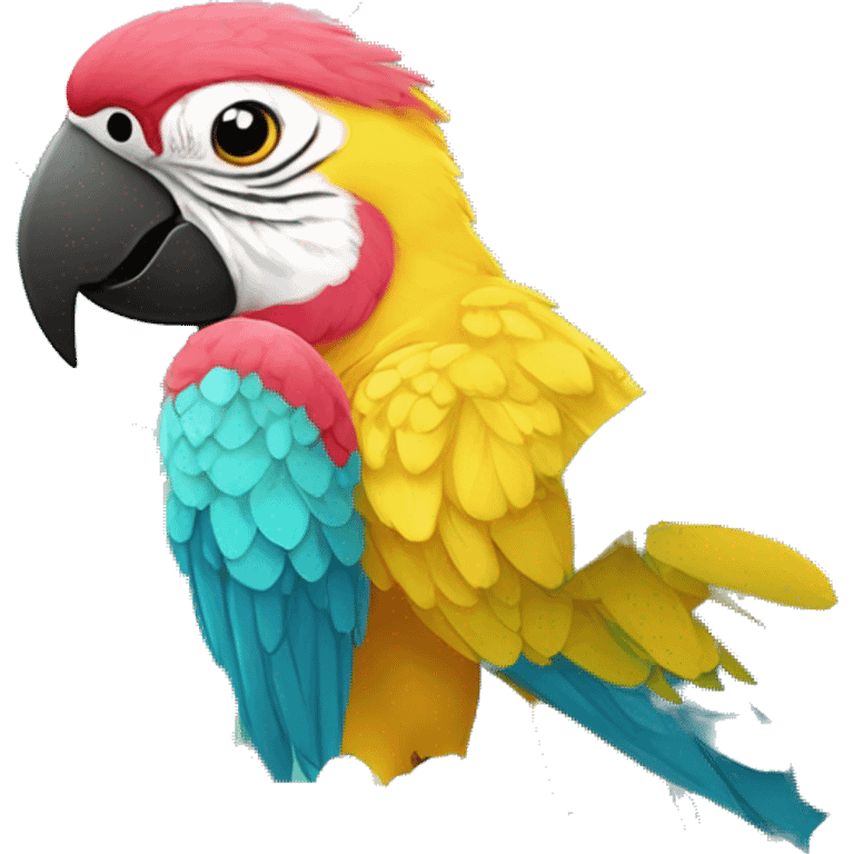 Floral flowers parrot Summer beach cyan pink mustard yellow multicoloured parrot macaw bird holding a plant vine in beak Spanish Italian Mediterranean style floral emoji