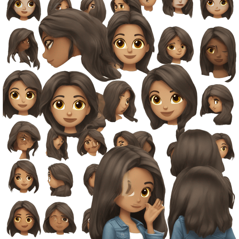 dark brunette straight hair, a few facial beauty marks, brown eyes,  emoji