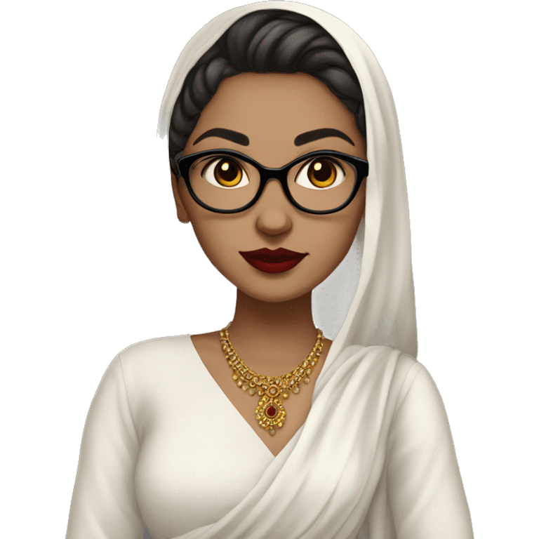 White girl in a salwar kameez, glasses, piercing, red lips, nose ring, full body, teen, short hair black emoji