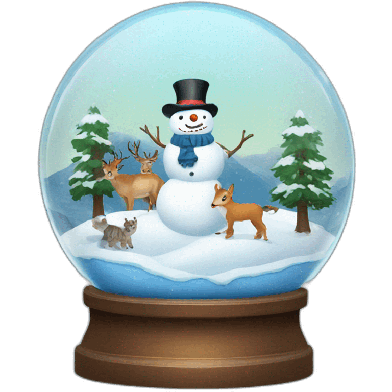 Snowman and winter landscape with wild animals in Snow globe emoji