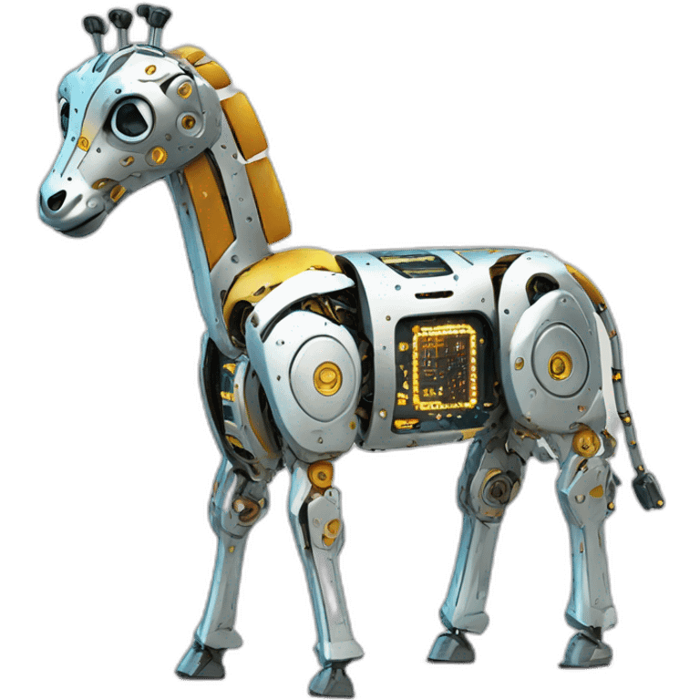 Una girafa robotica con patrones de circuitos brillantes en su piel, piernas con juntas móviles y piezas de metal relucientes emoji