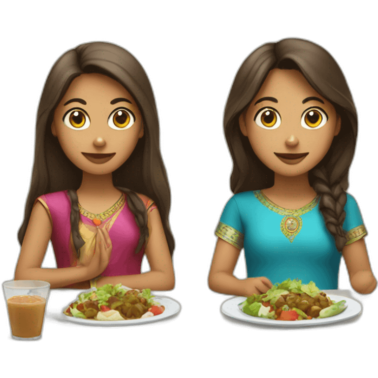 Indian girl with brown hair and indian girl with brunette hair eat lunch emoji