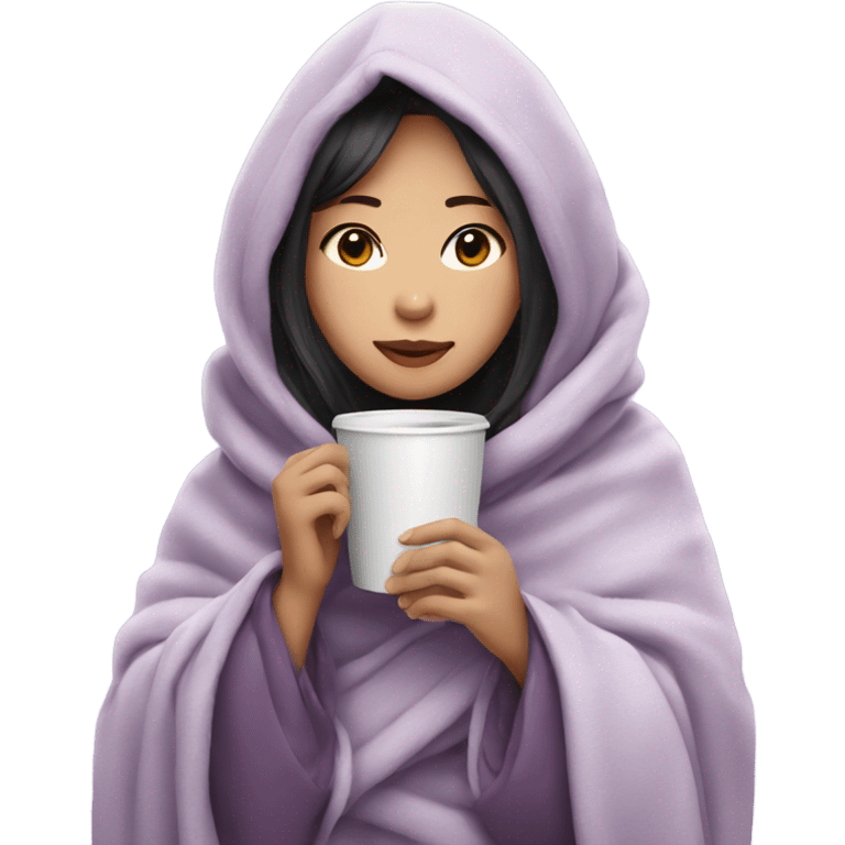 Asian girl wrapped in cozy blanket drinking coffee light purple emoji