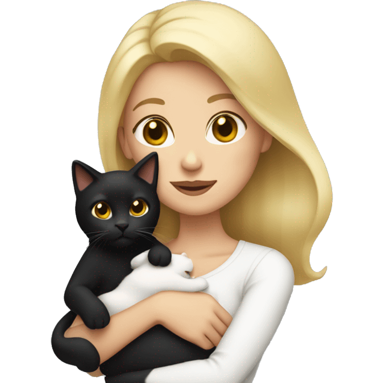 Blonde mom holding black cat with white chest emoji