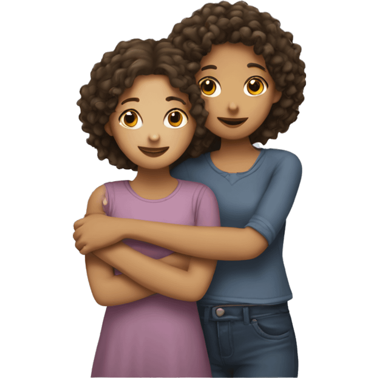 A girl with another girl (friends) hugging where one has curly hair and the other has straight hair. emoji