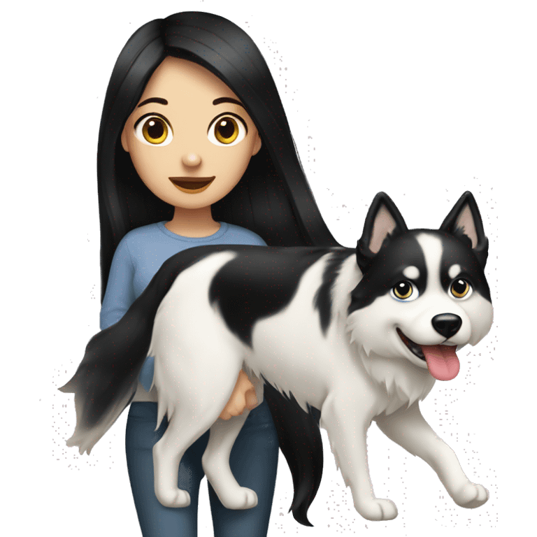 Long black hair pale girl walking husky dog emoji