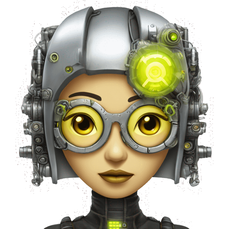 Neon yellow bobbed hair Asian female cyborg head with silver steampunk goggles and circuits emoji