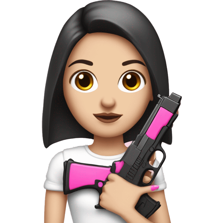 White Girl hand pink nails holding pink gun with black hair and brown eyes emoji