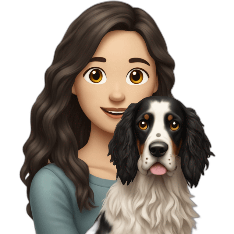 hyperrealist caucasian girl black long hair with brown english setter dog emoji