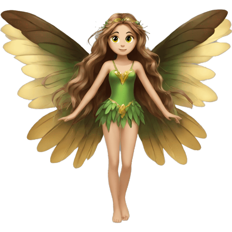 big wings, Beautiful, fairy, gold, brown, dark green, green, long hair emoji