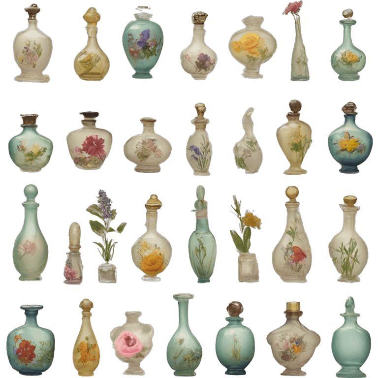 Antique oil perfume bottles with herbal and flowers emoji