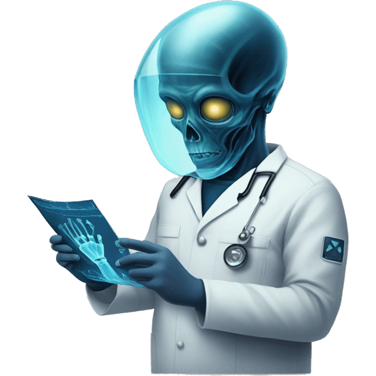 Man in navy scrubs looking at an alien X-ray  emoji