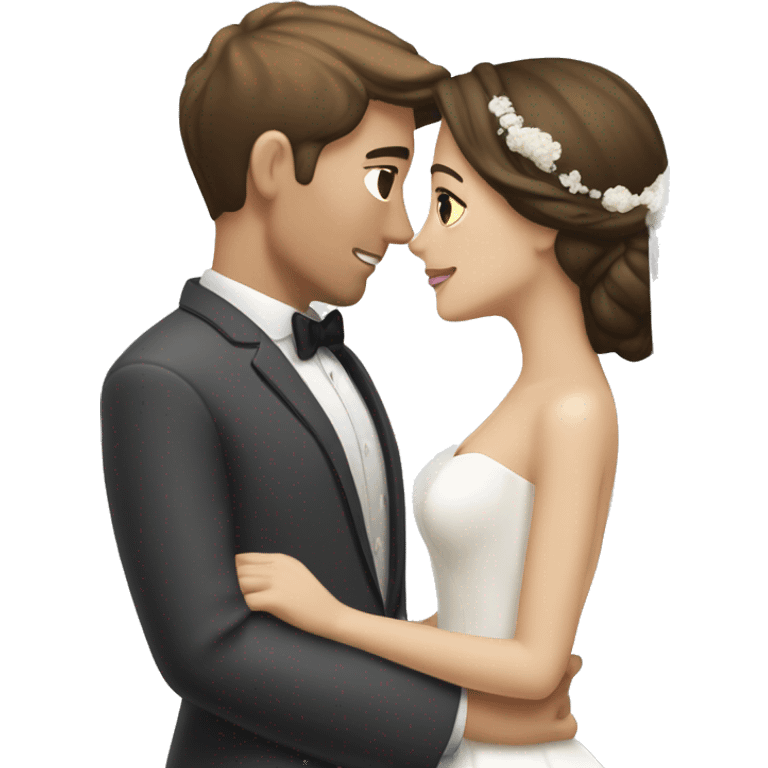 Bride with brunette hair and white skin kissing groom with brunette hair and beige skin emoji