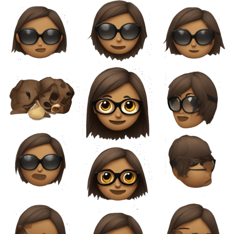 Chica bajita pelo negro con gafas, tamañan del pelo hasta los hombros y con un yorshie de mascota muypeludo negro y con la cabea y papatas marron emoji