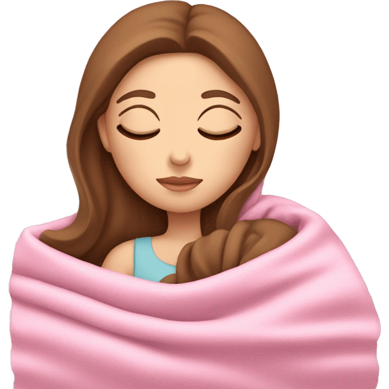 White girl with brown hair sleeping with pink blanket emoji