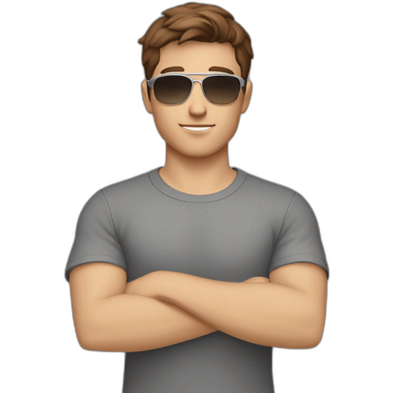 young white male with brown hair and brown eyes, wearing grey T-shirt, having pilot sunglasses and silver watch, while having crossed arms emoji