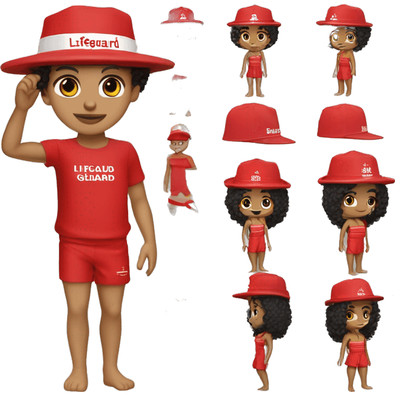 Lifeguard light skin curly black hair Moroccan with lifeguard hat no t-shirt and red lifeguard short emoji