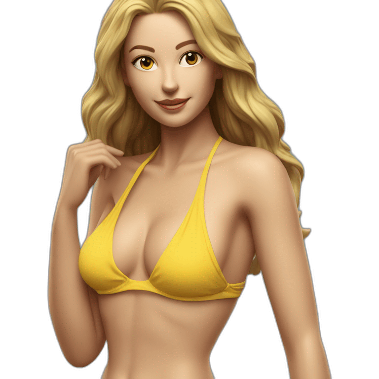 Sexy pose soft-fit Caucasian woman yellow bikini (beach body) bed realistic emoji