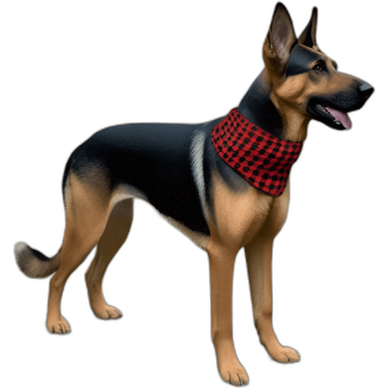 75% Coonhound 25% German Shepherd mix dog wearing small pointed red buffalo plaid bandana side view full body facing left emoji