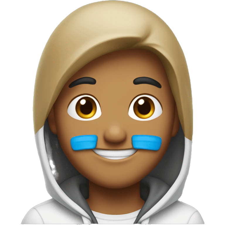 a young emoji with a friendly smile, half-body view, showing hair, wearing a hoodie with a cross logo. Lightly tanned skin emoji