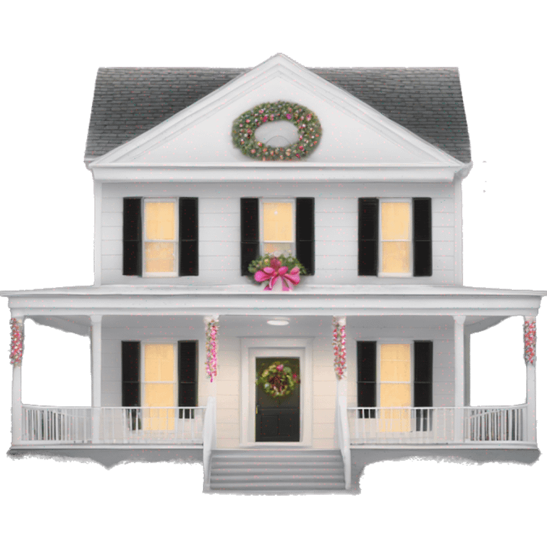 White Plantation house with pink and white Christmas lights and decorations emoji