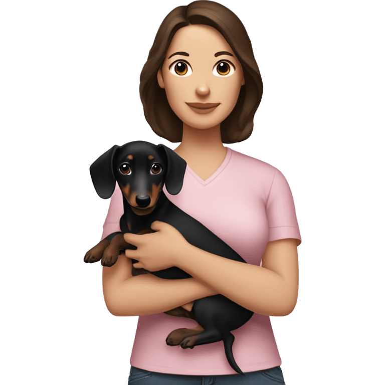 a heavier brunette woman in a light pink shirt, with white skin, holding black dachshund puppy in her arms emoji