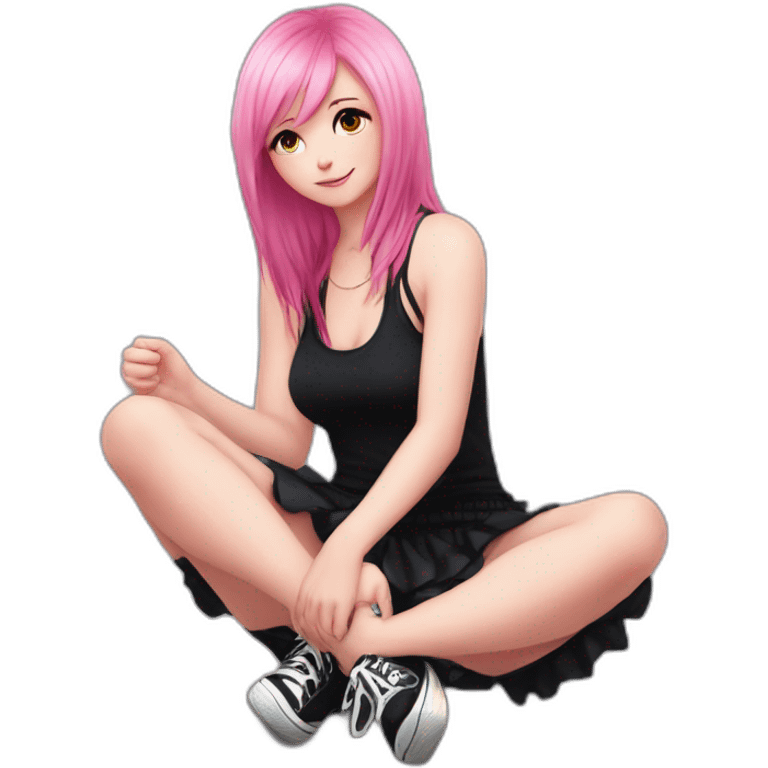 Full body Front view curvy emo girl pink hair sits on the floor straight view hands up black skirt полосатые рваные чулки emoji