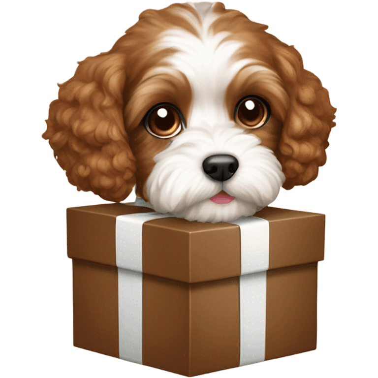 Brown and white cavapoo with gift box emoji