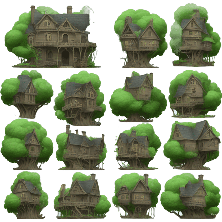 Fantastic fantasy haunted Addams treehouse hotel overgrown  emoji