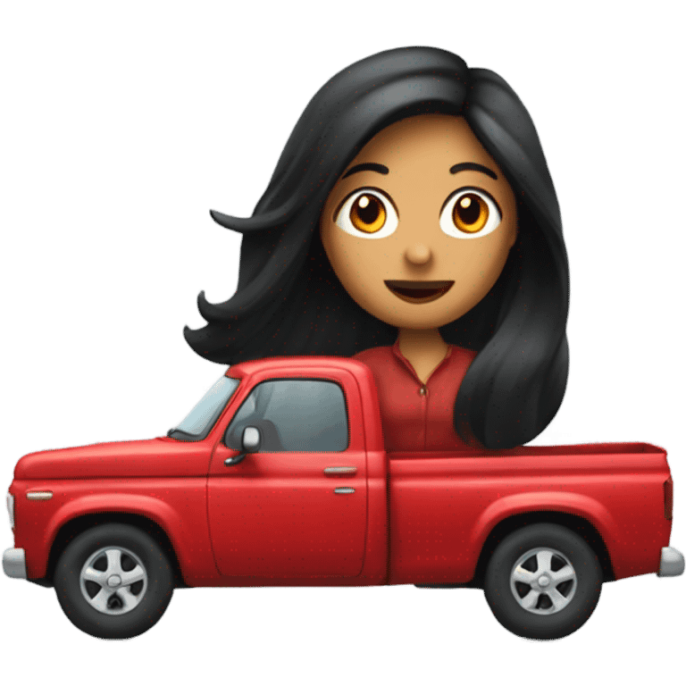 A lady with long black hair, driving and older red pick up truck  emoji