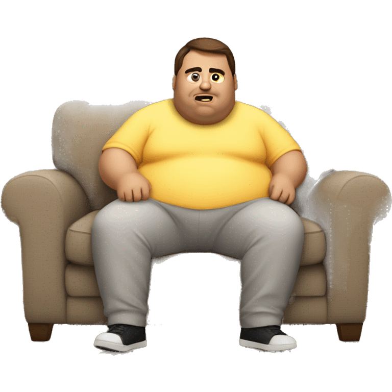 fat man coding on couch with brown hair and make emoji bigger emoji