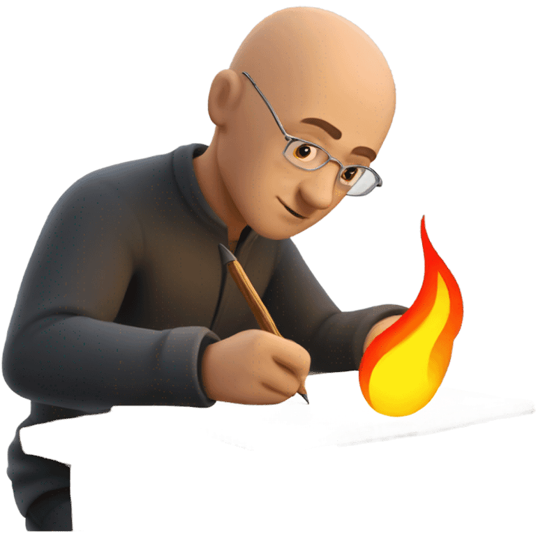 gay bald guy writing with a quill that's on fire emoji