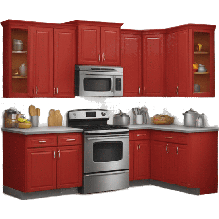 Realistic front facing red hanging kitchen cabinets and counter.  emoji