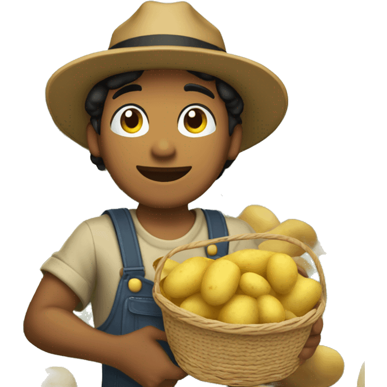  Slightly Brown skin handsome guy with black hair wearing yellow farmer's hat and holding a basket full of potatoes emoji