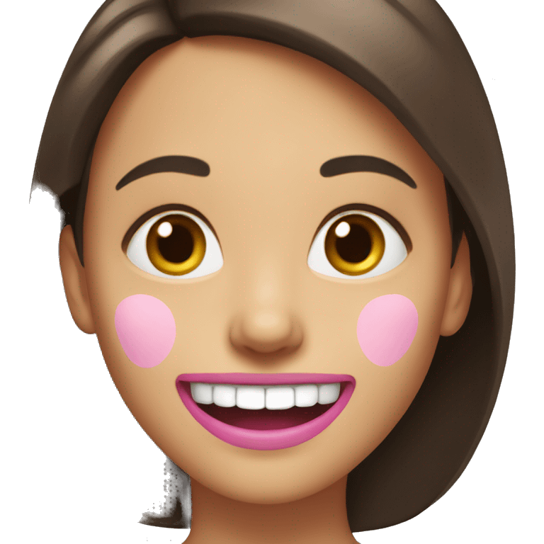 Smiling emoji of a brunette girl, with a pink bone in her mouth halfway down her face emoji