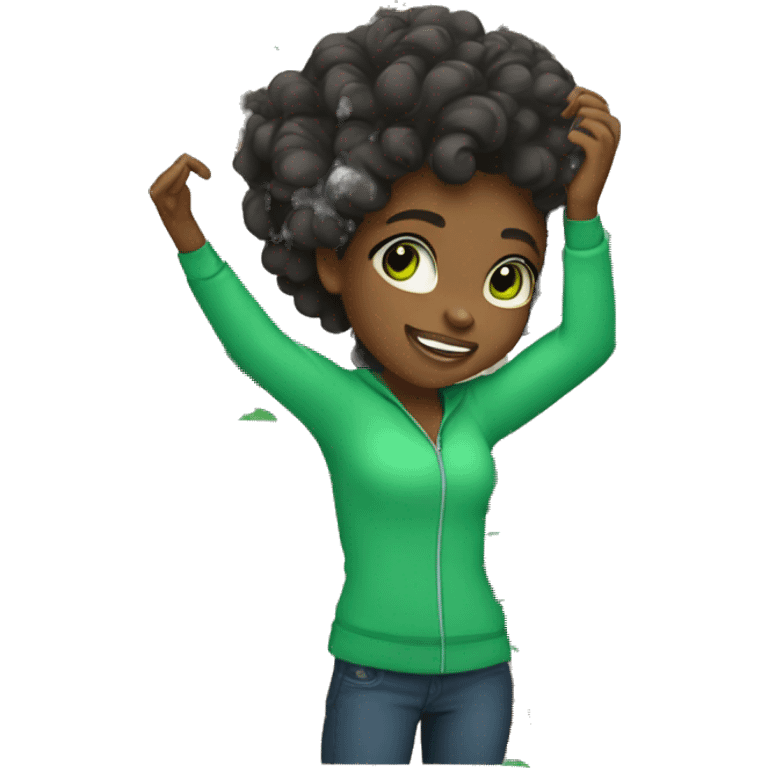 A black girl with curly hair and green eyes doing a dab emoji