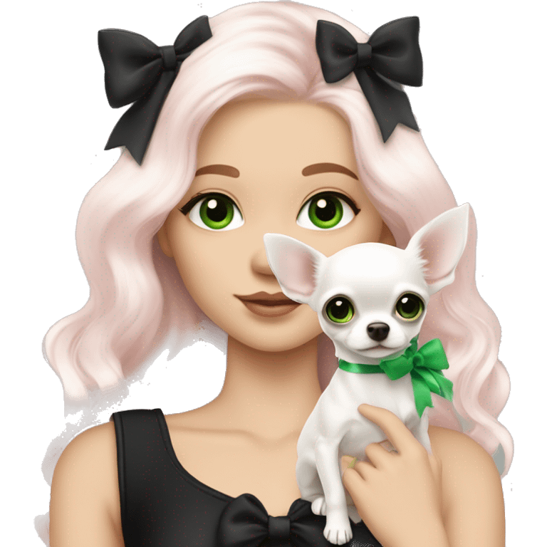 pale blonde girl with long platinum white wavy hair with bright green eyes and wearing a light pink hair bow holding a black and white long haired chihuahua puppy also wearing a hair bow emoji