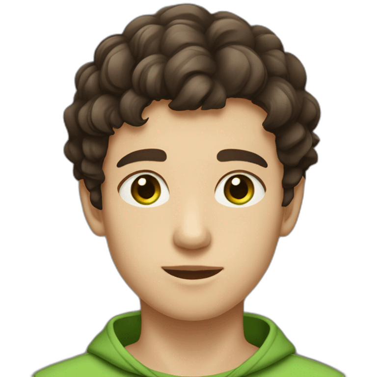 a boy with a short cut with dark brown slightly curly forward hair with green brown eyes and a pale complexion emoji