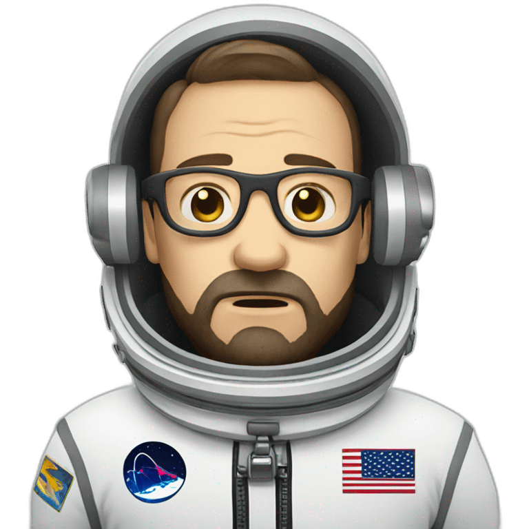 Crying ugly caucasian astronaut with black beard and white glasses emoji