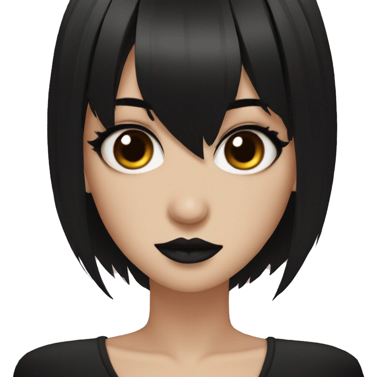 Goth girl with v shaped bangs, black hair of medium length, brown eyes   emoji