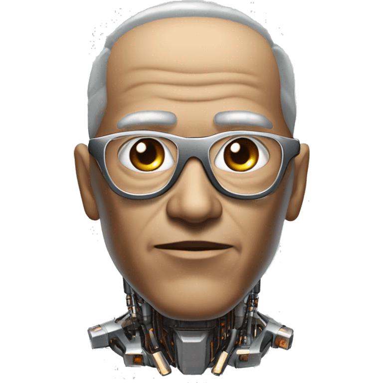 Older Male cyborg head with metallic plated face, brown flat top haircut, glasses and circuitry emoji