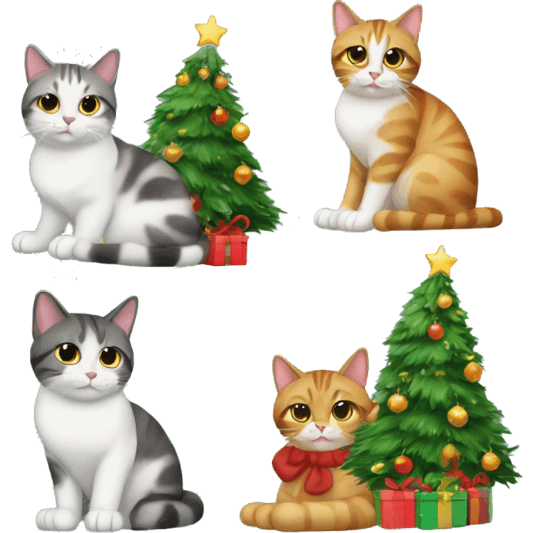 Four different cats sitting under a Christmas tree  emoji