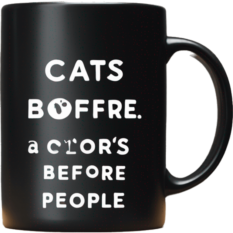 All Black coffee mug with white words that say, “cats before people” emoji