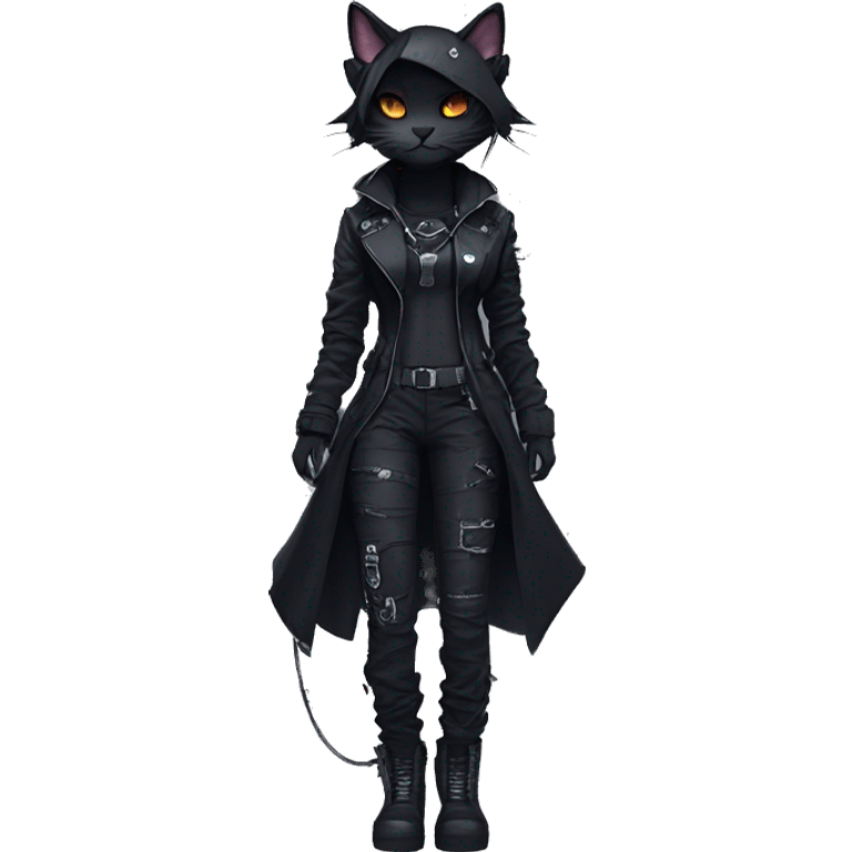 Gorgeous dark techwear cyberpunk style sona anthro cat, aesthetic, and pretty edgy black with collar and harness, trending style emoji