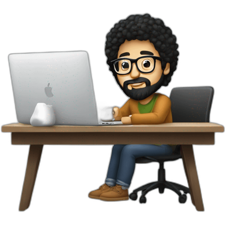 Designer with black hair, beard and glasses working with MacBook and drinking cappuccino  emoji