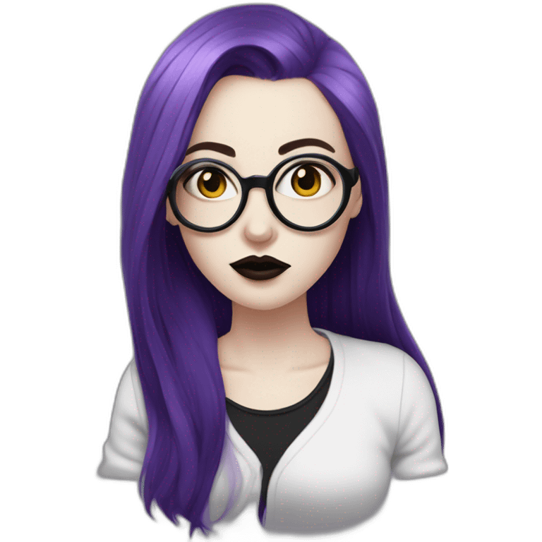 goth woman with long side parted purple hair and oval glasses, pale skin, sticking out tongue emoji