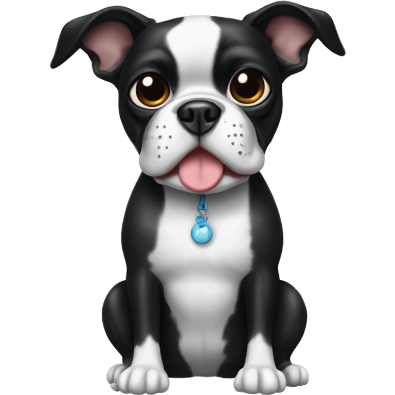 Black and white Boston terrier with dark eyes holding toy emoji