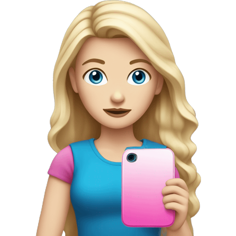 a white girl with blue eyes and dark blonde holding a pink cell phone emoji