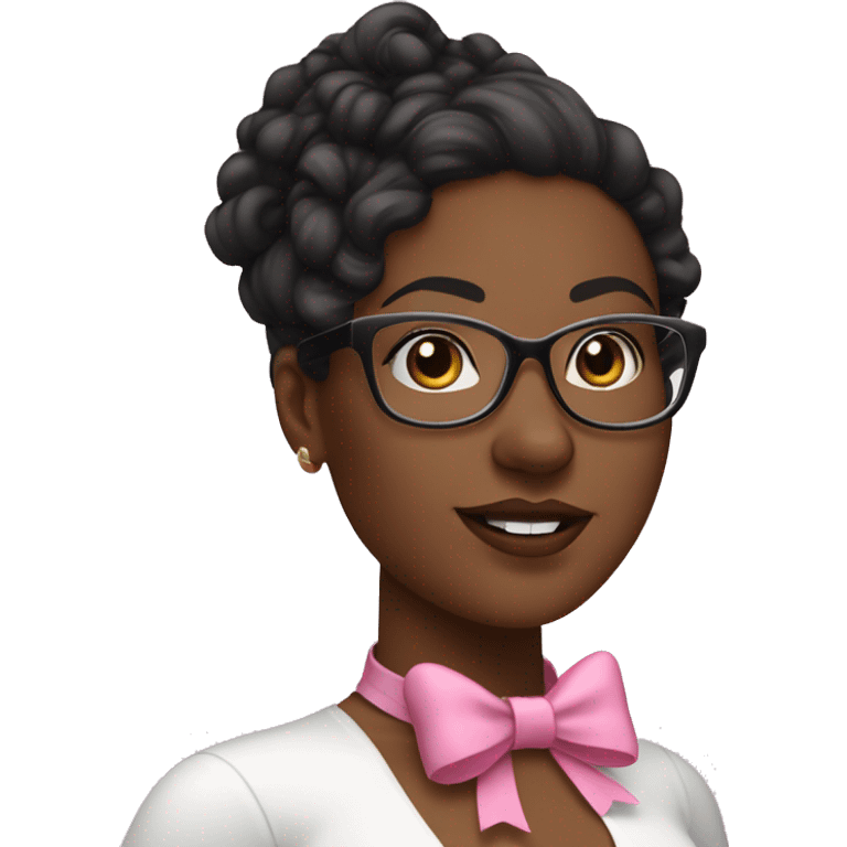 Black curvy woman with curl hir and a white  halter top, clear glasses, pink bow emoji