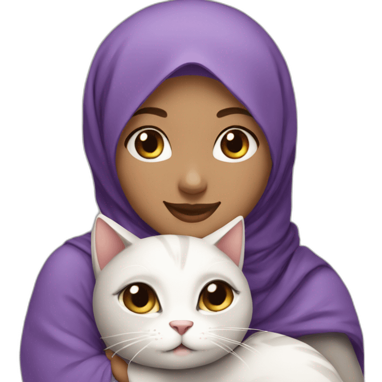 Hijab girl light brown skin purple hijab smiling hugging her cute grey and white cat  emoji